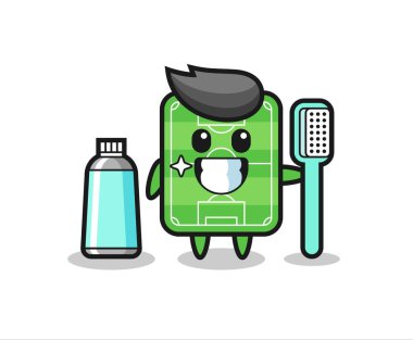 Diş fırçası ile futbol sahasının maskot çizimi, tişört, çıkartma, logo elementi için şirin bir tasarım.