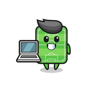 Futbol sahasının dizüstü bilgisayarlı maskotu tişört, çıkartma ve logo elementleri için şirin bir tasarım.