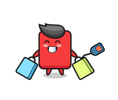 Kırmızı kart maskotu elinde bir alışveriş çantası, tişört, çıkartma, logo elementi için şirin bir tasarım.