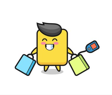 Sarı kart maskotu elinde alışveriş çantası, tişört, çıkartma, logo elementi için şirin bir tasarım.