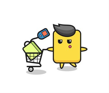 Alışveriş arabalı sarı kart çizimi, tişört, çıkartma, logo elementi için şirin bir tasarım.