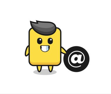 Sembolün yanında duran sarı kartın çizgi film çizimi tişört, etiket ve logo elementleri için şirin bir tasarım.