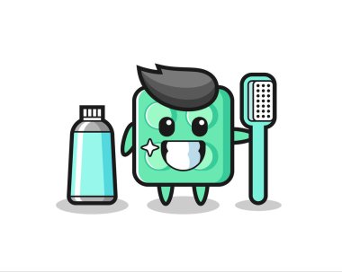 Tuğla oyuncağı ve diş fırçası maskotu tasarımı tişört, çıkartma, logo elementi için şirin bir tasarım.