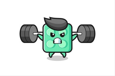 Halterli tuğla oyuncak maskot çizgi filmi, tişört, çıkartma, logo elementi için şirin bir tasarım.