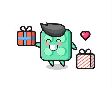 Tuğla oyuncak maskot karikatürü hediyeyi veriyor. Tişört, çıkartma, logo elementi için şirin bir tasarım.