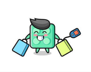 Tuğlalı oyuncak maskot elinde alışveriş çantası, tişört, çıkartma, logo elementi için şirin bir tasarım.