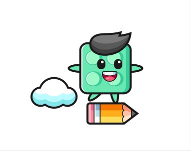 Tuğla oyuncak maskot çizimi dev bir kalemle geziyor. Tişört, çıkartma, logo elementi için şirin bir tasarım.