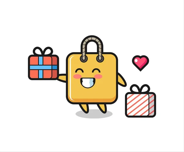 Shopping Bag Mascot Cartoon Giving Gift Cute Style Design Shirt — Image vectorielle