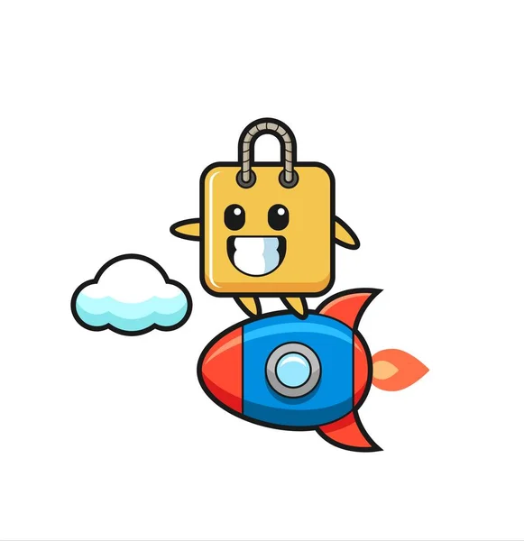 Shopping Bag Mascot Character Riding Rocket Cute Style Design Shirt — Image vectorielle