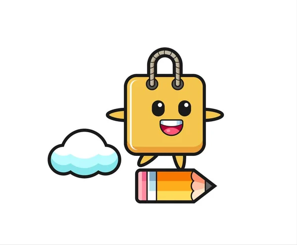 Shopping Bag Mascot Illustration Riding Giant Pencil Cute Style Design — Image vectorielle