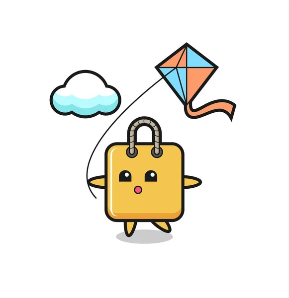 Shopping Bag Mascot Illustration Playing Kite Cute Style Design Shirt — Vetor de Stock