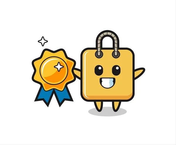Shopping Bag Mascot Illustration Holding Golden Badge Cute Style Design — Image vectorielle