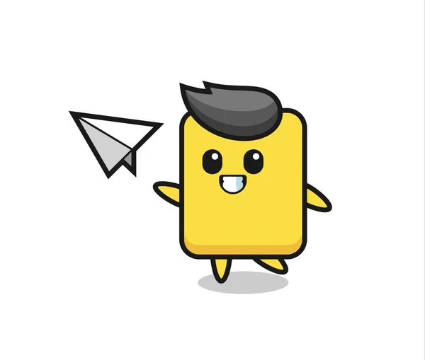 Yellow Card Cartoon Character Throwing Paper Airplane Cute Style Design — Vector de stock