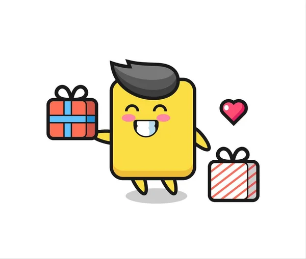 Yellow Card Mascot Cartoon Giving Gift Cute Style Design Shirt — Stock vektor