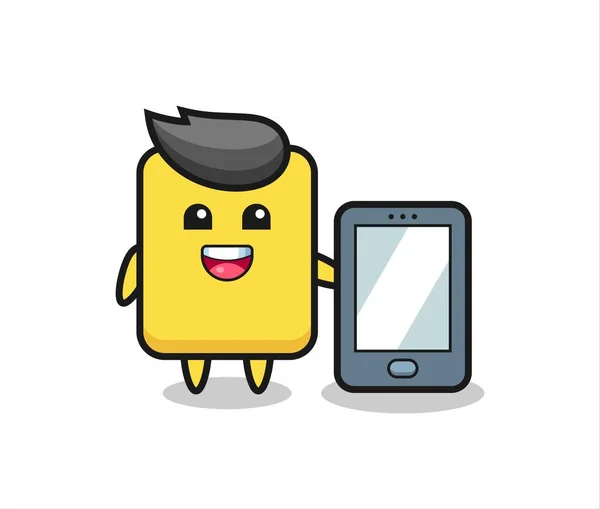 Yellow Card Illustration Cartoon Holding Smartphone Cute Style Design Shirt — Vetor de Stock