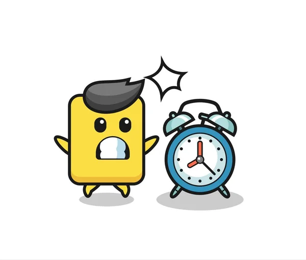 Cartoon Illustration Yellow Card Surprised Giant Alarm Clock Cute Style — Vector de stock