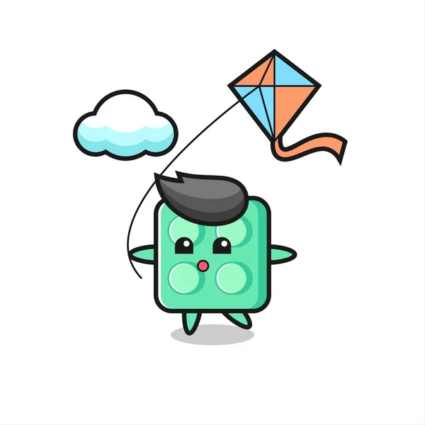 Brick Toy Mascot Illustration Playing Kite Cute Style Design Shirt — Διανυσματικό Αρχείο