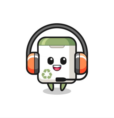 Müşteri servisi olarak çöp kutusunun çizgi film maskotu tişört, etiket ve logo elementleri için şirin bir tasarım.