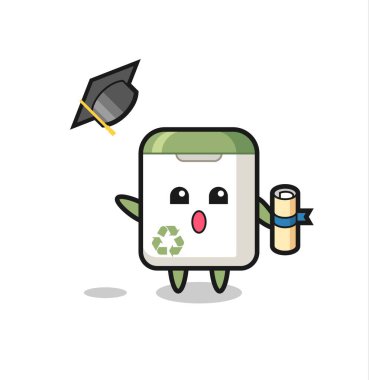 Mezuniyette şapkayı fırlatan çöp tenekesi karikatürü tişört, çıkartma, logo elementi için şirin bir tasarım.