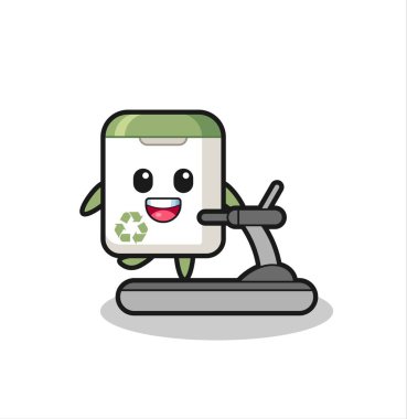 Çöp tenekesi çizgi film karakteri koşu bandında yürüyor. Tişört, çıkartma, logo elemanı için şirin bir tasarım.