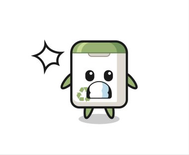 Çöp tenekesi çizgi filmi şok edici bir jest, tişört, etiket, logo elementi için şirin bir tasarım.