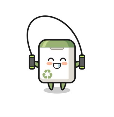 Çöp tenekesi çizgi filmi, ip atlama, tişört, etiket, logo elementi için şirin bir tasarım.