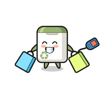 Çöp kutusu maskotu elinde alışveriş çantası, tişört, çıkartma, logo elementi için şirin bir tasarım.