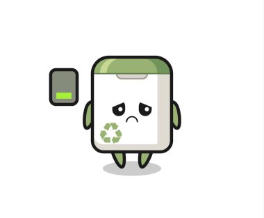 Çöp kutusu maskotu, yorgun bir jest yapıyor. Tişört, çıkartma, logo elementi için şirin bir tasarım yapıyor.