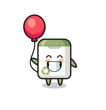 Çöp kutusu maskotu illüstrasyonu balon oynuyor, tişört, etiket, logo elementi için şirin bir tasarım.