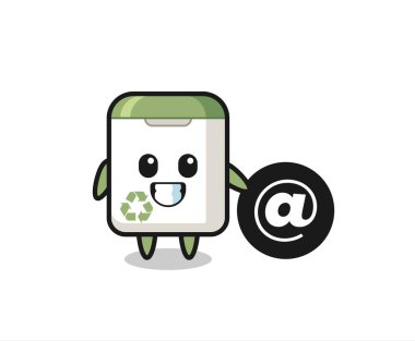 Sembolün yanında duran çöp tenekesinin çizgi film çizimi tişört, çıkartma ve logo elementi için şirin bir tasarım.