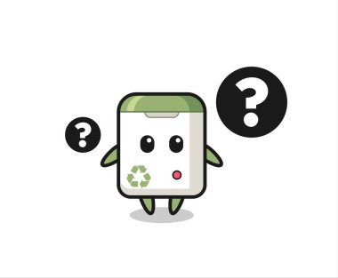 Soru işareti olan çöp kutusunun çizgi film çizimi, tişört, etiket, logo ögesi için şirin bir tasarım