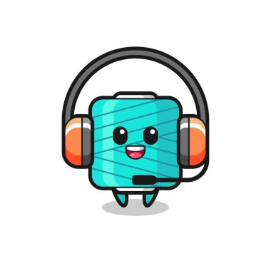 Müşteri hizmetleri olarak iplik makarasının çizgi film maskotu tişört, etiket ve logo elementi için şirin bir tasarım.