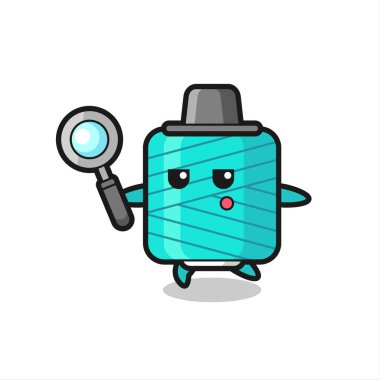 İplik makarası çizgi film karakteri büyüteçle arıyor, tişört, etiket, logo elementi için şirin bir tasarım.