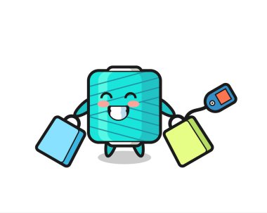Tişört, çıkartma, logo elementi için şirin bir tasarım, alışveriş çantası taşıyan iplik makaralı maskot çizgi filmi.