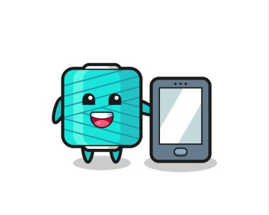 İplik makarası çizimi. Elinde akıllı telefon var. Tişört, çıkartma, logo elemanı için şirin bir tasarım.