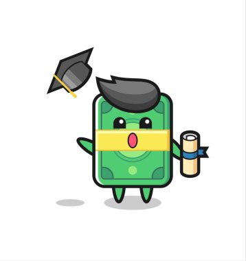 Mezuniyette şapkayı fırlatan para karikatürü. Tişört, çıkartma, logo elementi için şirin bir tasarım.