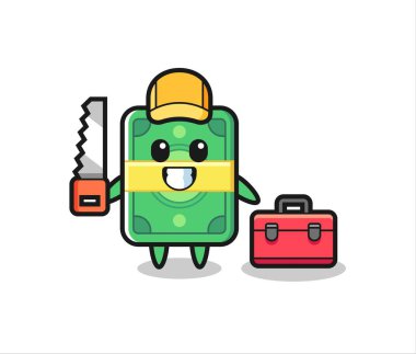 Para karakterinin ahşap işçisi olarak tasviri, tişört, etiket, logo elementi için şirin tasarım.