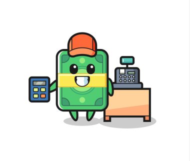 Para karakterinin kasiyer olarak tasviri, tişört, etiket, logo elementi için şirin tasarım