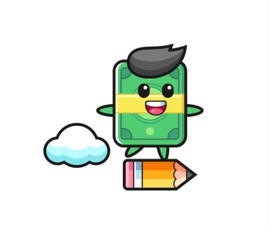 Tişört, çıkartma, logo elementi için sevimli bir tasarım olan dev bir kalemin üzerinde para maskotu çizimi