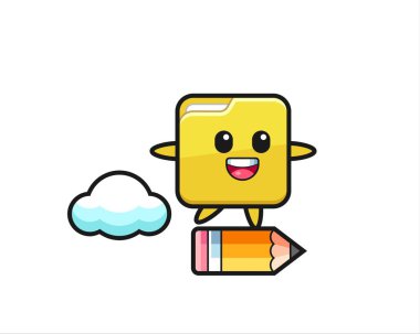 Tişört, etiket, logo ögesi için sevimli bir tasarım olan dev bir kalem üzerinde gezinen dizin maskotu illüstrasyonu