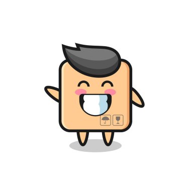 Karton kutu çizgi film karakteri el hareketi yapıyor, tişört, etiket, logo elemanı için şirin bir tasarım yapıyor.