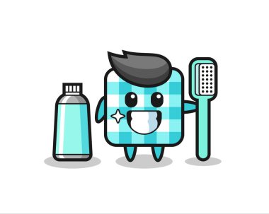 Diş fırçalı kareli masa örtüsünün maskot resmi, tişört, etiket, logo elementi için şirin bir tasarım.