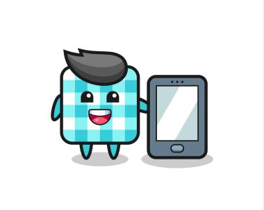 Kareli masa örtüsü çizimi. Elinde akıllı telefon var. Tişört, etiket, logo elementi için şirin bir tasarım.