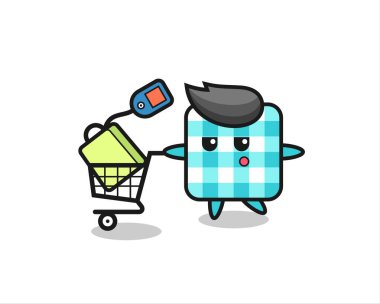 Alışveriş arabalı karikatür karikatürü, tişört, etiket, logo elementi için şirin bir tasarım.