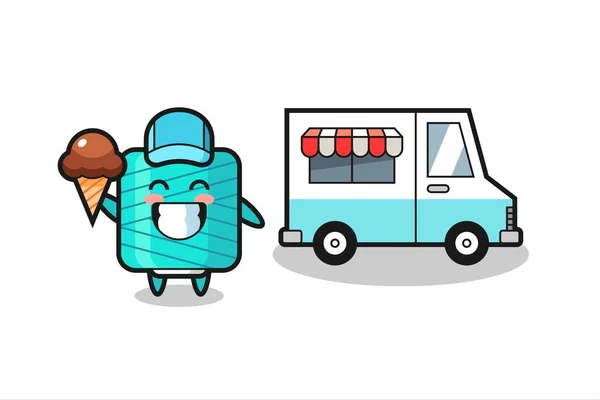 Caricatura Mascota Carrete Hilo Con Camión Helados Diseño Estilo Lindo — Vector de stock