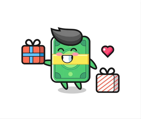 Money Mascot Cartoon Giving Gift Cute Style Design Shirt Sticker — Vector de stock