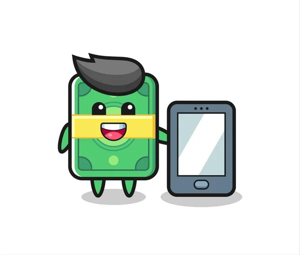 Desenho Animado Ilustração Dinheiro Segurando Smartphone Design Estilo Bonito Para — Vetor de Stock