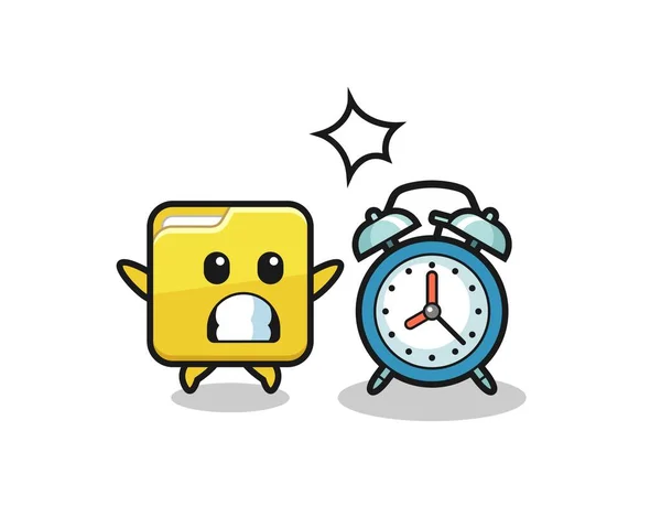 Cartoon Illustration Folder Surprised Giant Alarm Clock Cute Style Design — Vector de stock