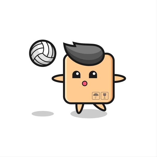 Personaje Dibujos Animados Caja Cartón Está Jugando Voleibol Diseño Estilo — Archivo Imágenes Vectoriales