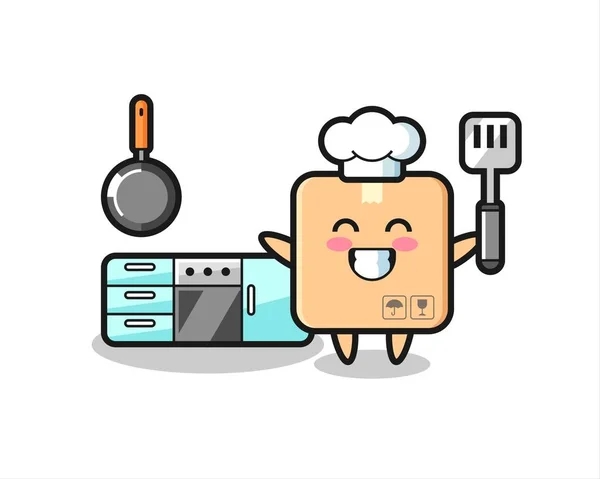 Bir Şef Olarak Karton Kutu Karakteri Çizimi Yemek Pişiriyor Tişört — Stok Vektör